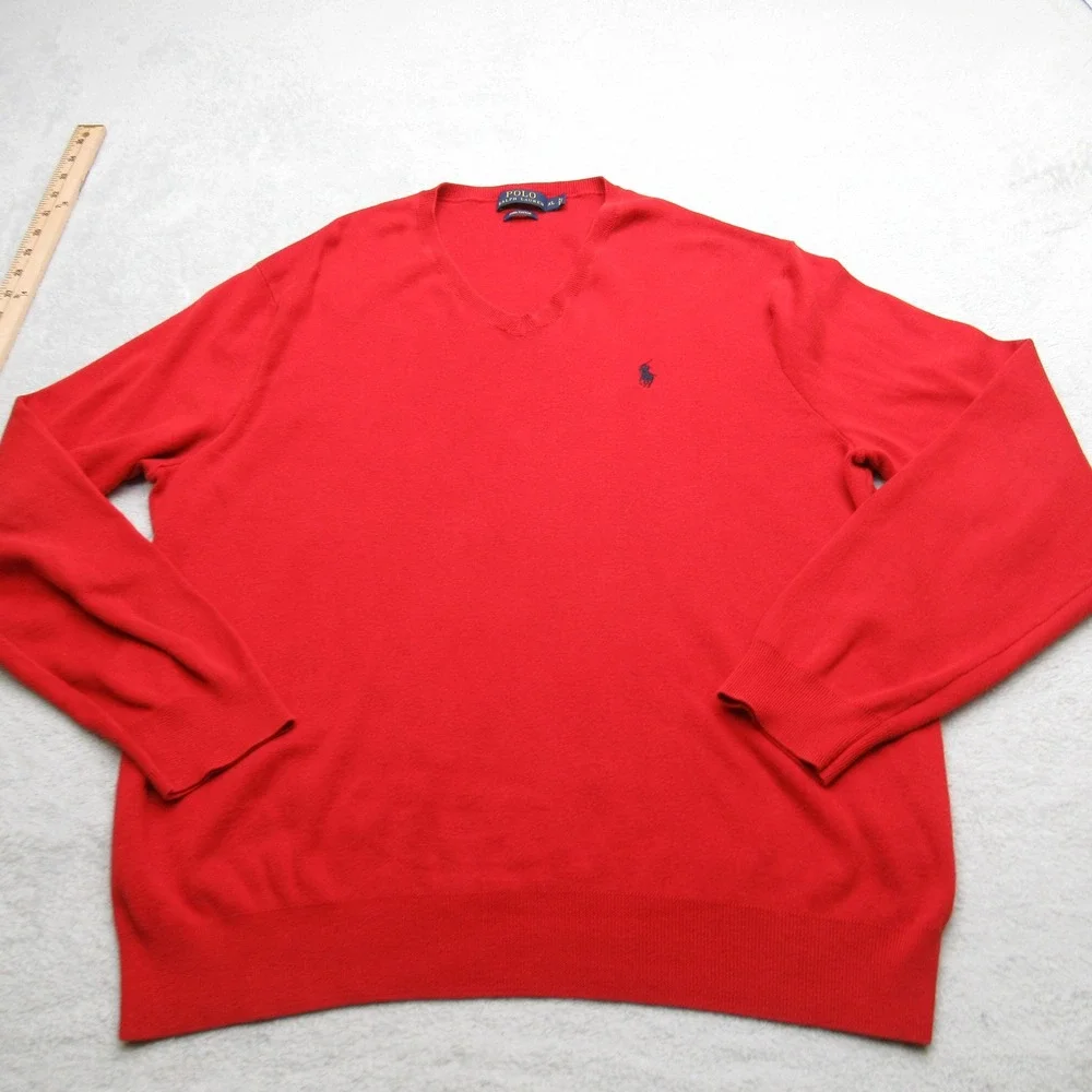 Polo Ralph Lauren Sweater Mens XL Red‎ Pima Cotton V-Neck Pullover Knit Golf